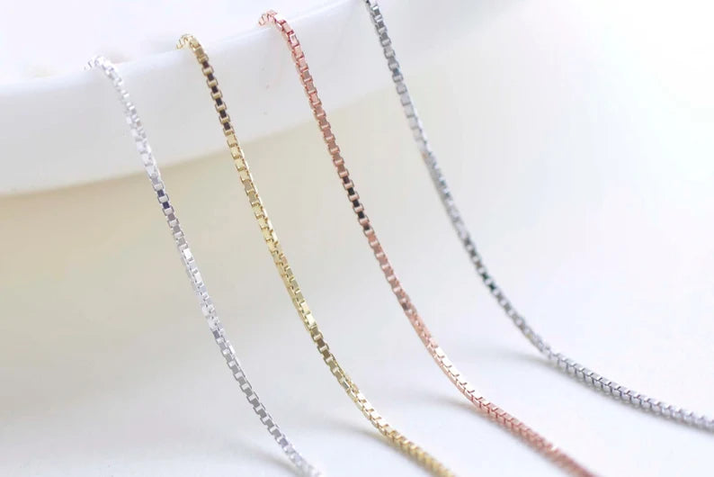 925 Sterling Silver Square Box Necklace Chain 16" 18" Link Width 0.8mm Silver/Platinum/Gold/Rose Gold