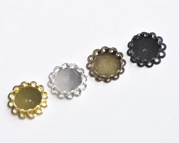 Filigree Round Bezel Tray Blank Settings Double SCALLOP Lace Edge Match 12mm Cabochon Set of 10