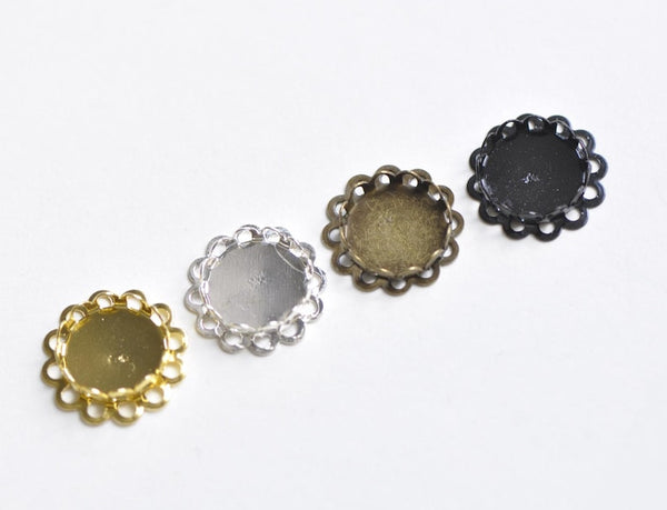 Filigree Round Bezel Tray Blank Settings Double SCALLOP Lace Edge Match 12mm Cabochon Set of 10