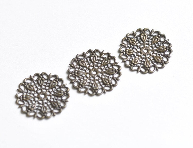 10 pcs Antique Bronze Filigree Flower Stampings 25mm