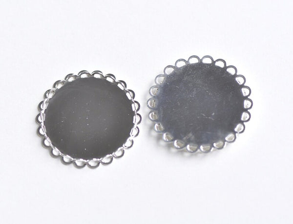 Round Bezel Tray Blank Silver Settings Lace Edge Set of 10