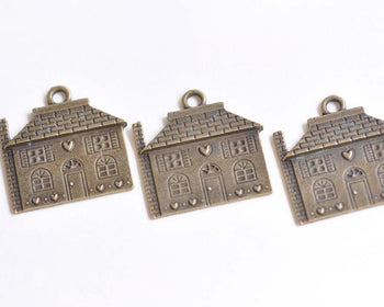 10 pcs Flat Heart House Pendants Antique Bronze Charms 25x30mm A3529