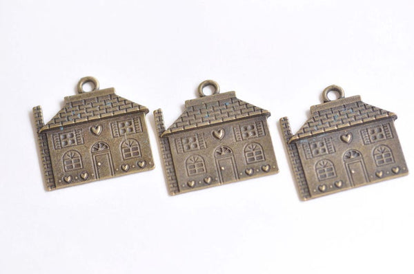 10 pcs Flat Heart House Pendants Antique Bronze Charms 25x30mm A3529