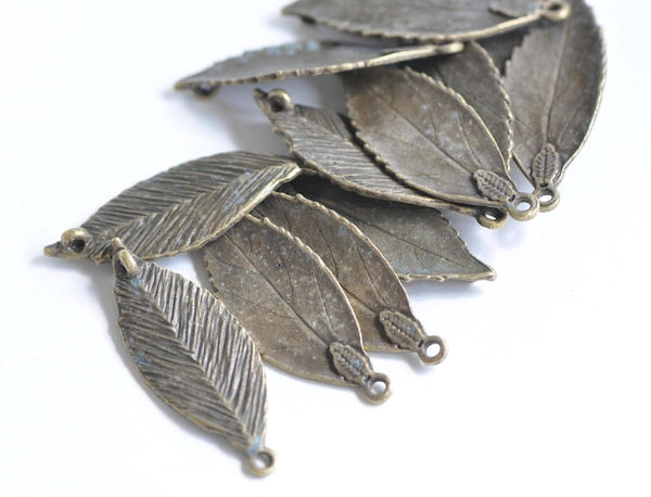 Antique Bronze Leaf Charms Jewelry Supplies 13x35mm Set of 10  A5284