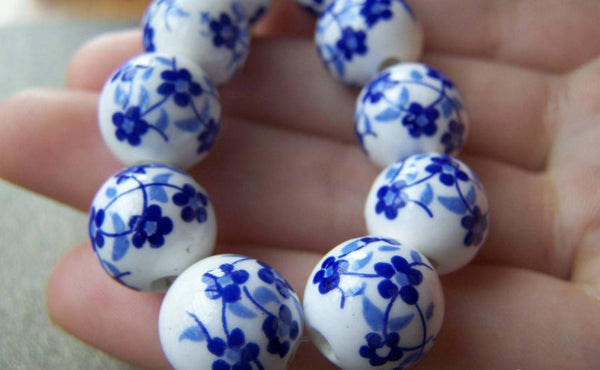 Ceramic Beads, Porcelain Beads, Clay Beads, Floral Beads, Flower Beads,  Oriental Beads, 12mm Beads, Large Beads, Ceramic 12mm, Painted Beads 