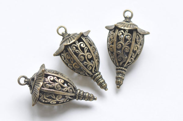 Antique Bronze 3D Filigree Lantern Lamp Long Pendant Charms Set of 6